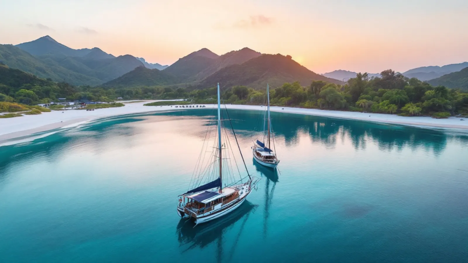 Phinisi schooners at anchor in a turquoise Komodo bay at sunrise