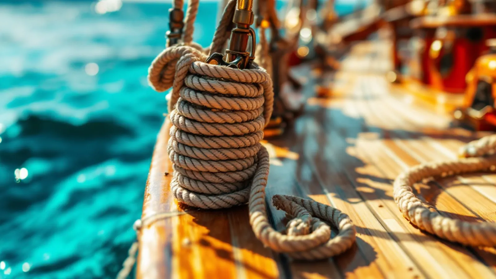 Teak and ironwood deck detail of a phinisi schooner
